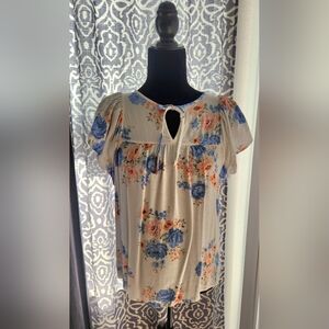 LOFT Floral Blouse with Blue and Orange Accents